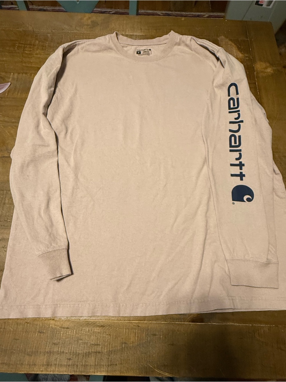 Carhartt Men’s Long Sleeve Tee in Light Tan with Navy Sleeve Logo